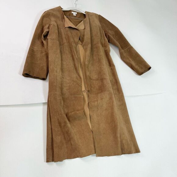 Chicos Leather Trench Coat Womens Medium Tan Open Front Long Lightweight Suede - Picture 1 of 8